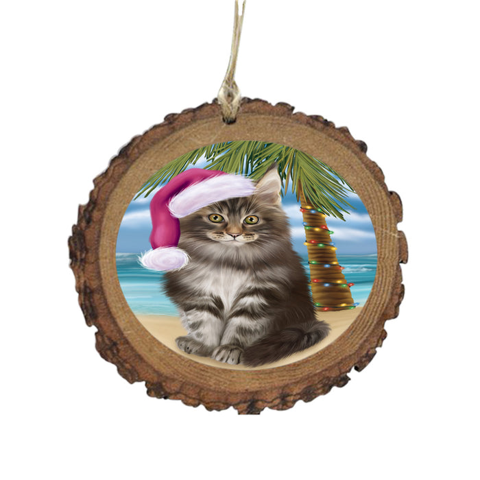 Summertime Happy Holidays Christmas Maine Coon Cat on Tropical Island Beach Wooden Christmas Ornament WOR49384