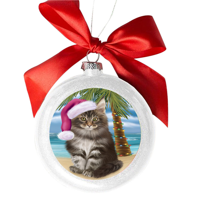 Summertime Happy Holidays Christmas Maine Coon Cat on Tropical Island Beach White Round Ball Christmas Ornament WBSOR49384