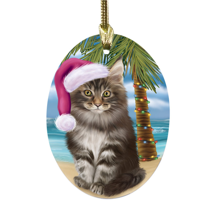 Summertime Happy Holidays Christmas Maine Coon Cat on Tropical Island Beach Oval Glass Christmas Ornament OGOR49384