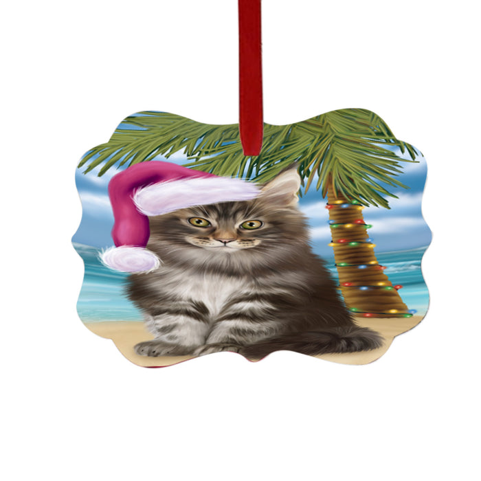 Summertime Happy Holidays Christmas Maine Coon Cat on Tropical Island Beach Double-Sided Photo Benelux Christmas Ornament LOR49384