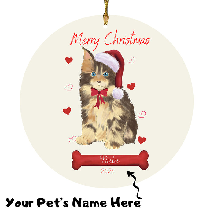 Personalized Merry Christmas  Maine Coon Cat Christmas Tree Round Flat Ornament RBPOR58976