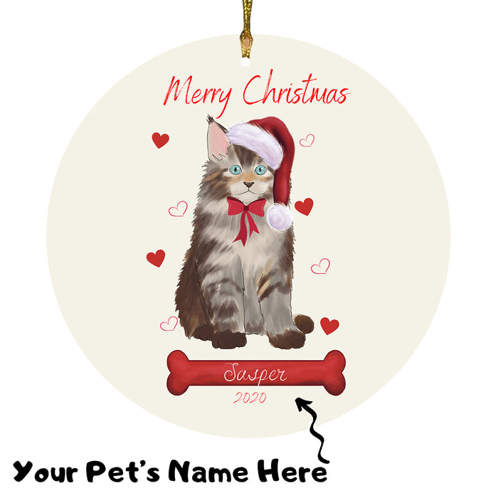 Personalized Merry Christmas  Maine Coon Cat Christmas Tree Round Flat Ornament RBPOR58977