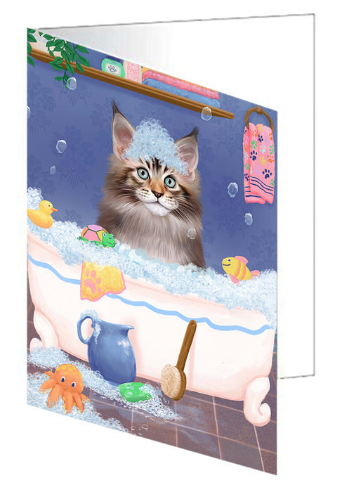 Rub A Dub Dog In A Tub Maine Coon Cat Handmade Artwork Assorted Pets Greeting Cards and Note Cards with Envelopes for All Occasions and Holiday Seasons GCD79499
