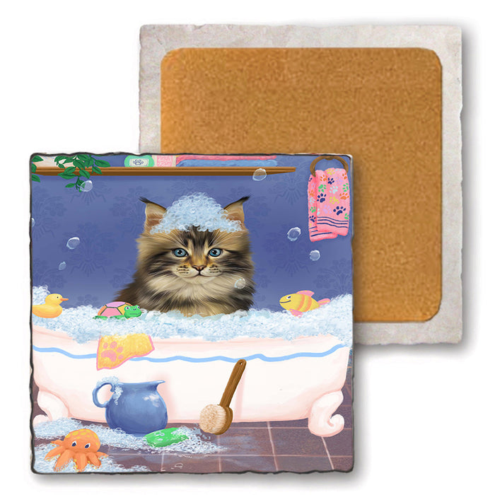 Rub A Dub Dog In A Tub Maine Coon Cat Set of 4 Natural Stone Marble Tile Coasters MCST52396