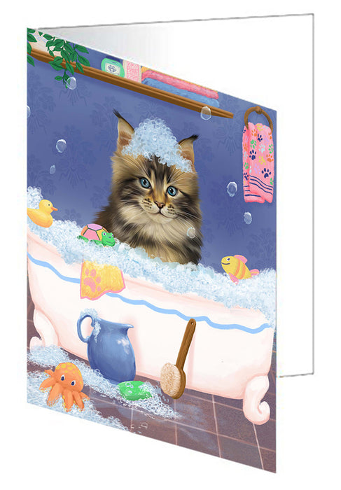 Rub A Dub Dog In A Tub Maine Coon Cat Handmade Artwork Assorted Pets Greeting Cards and Note Cards with Envelopes for All Occasions and Holiday Seasons GCD79502