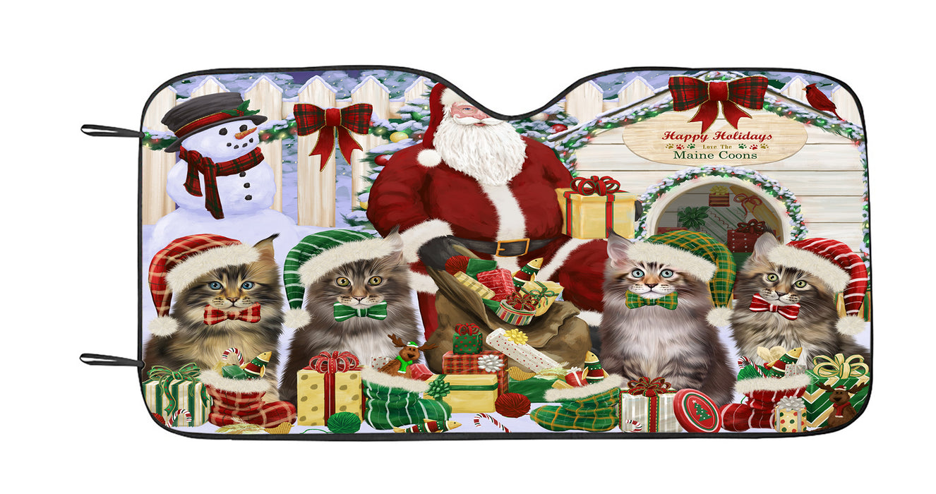 Happy Holidays Christmas Maine Coon Cats House Gathering Car Sun Shade