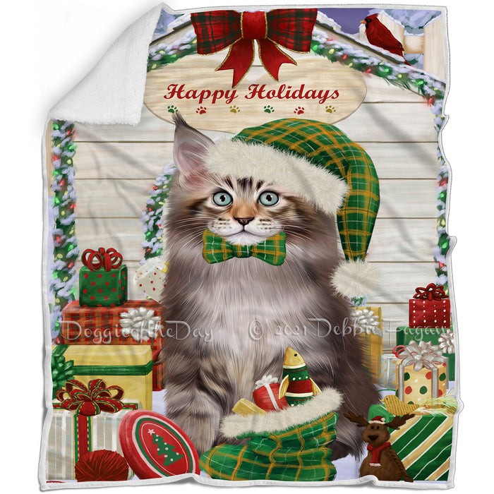 Happy Holidays Christmas Maine Coon Cat House with Presents Blanket BLNKT142106