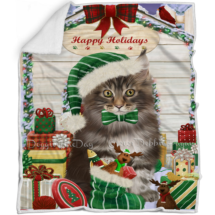 Happy Holidays Christmas Maine Coon Cat House with Presents Blanket BLNKT142107