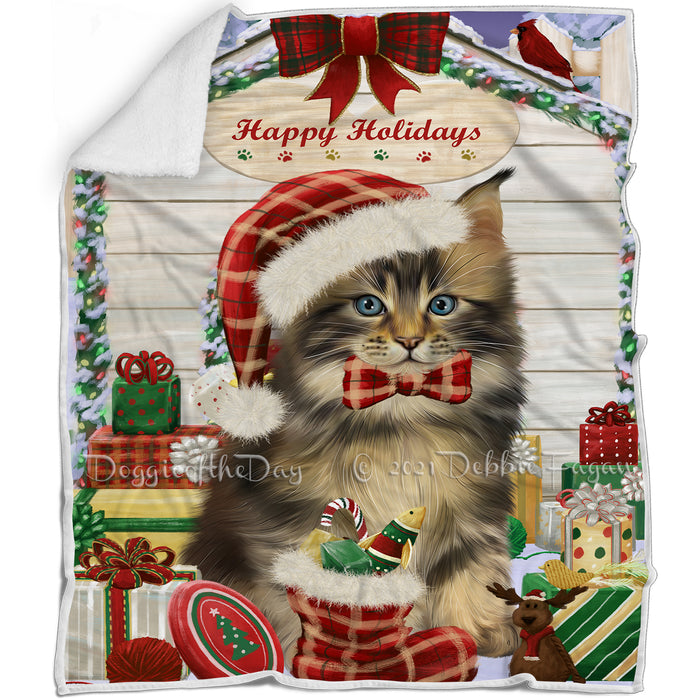 Happy Holidays Christmas Maine Coon Cat House with Presents Blanket BLNKT142108