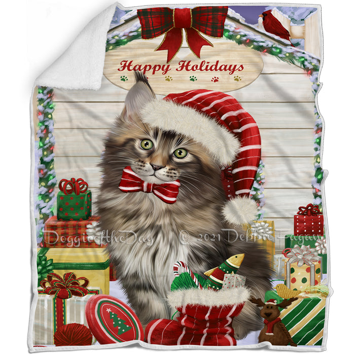 Happy Holidays Christmas Maine Coon Cat House with Presents Blanket BLNKT142109