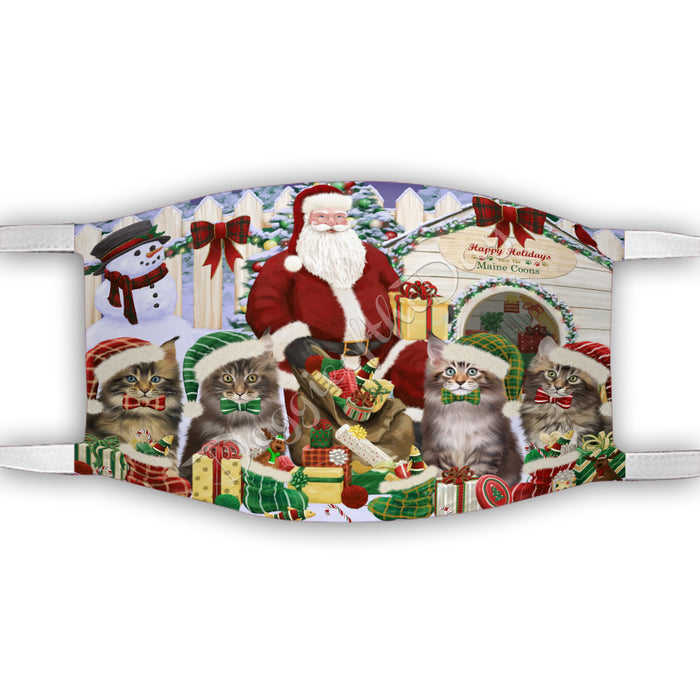 Happy Holidays Christmas Maine Coon Cats House Gathering Face Mask FM48262