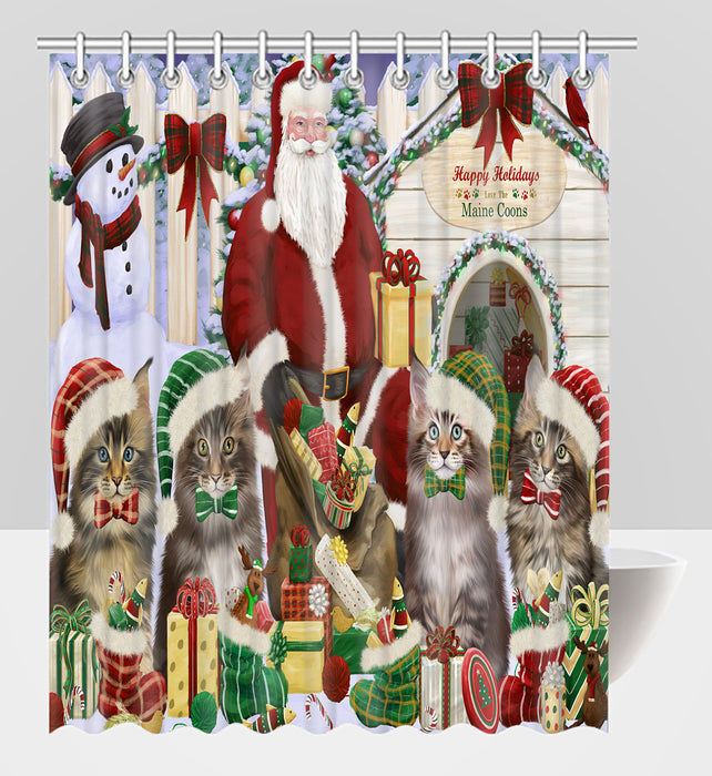 Happy Holidays Christmas Maine Coon Cats House Gathering Shower Curtain