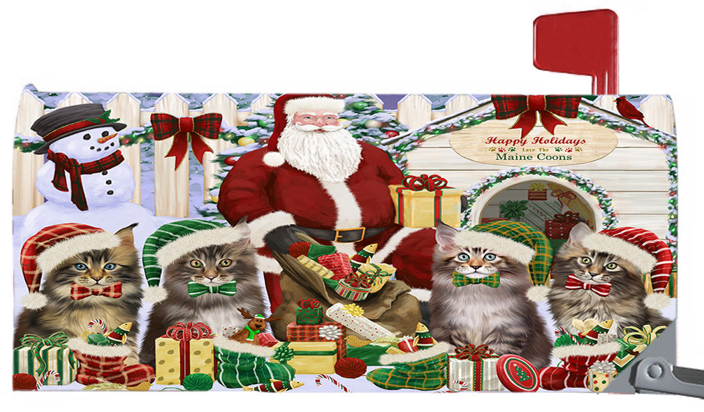 Happy Holidays Christmas Maine Coon Cats House Gathering 6.5 x 19 Inches Magnetic Mailbox Cover Post Box Cover Wraps Garden Yard Décor MBC48826