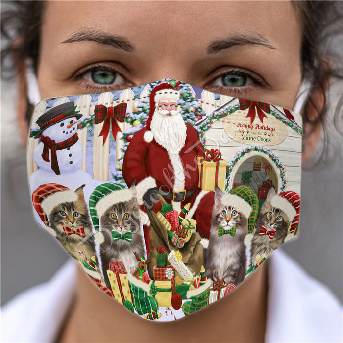 Happy Holidays Christmas Maine Coon Cats House Gathering Face Mask FM48262