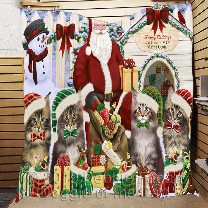 Happy Holidays Christmas Maine Coon Cats House Gathering Quilt