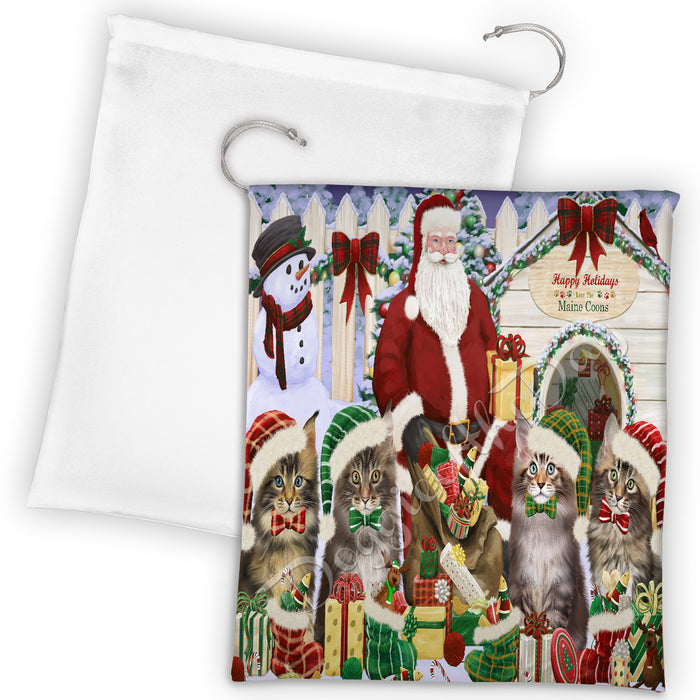 Happy Holidays Christmas Maine Coon Cats House Gathering Drawstring Laundry or Gift Bag LGB48060