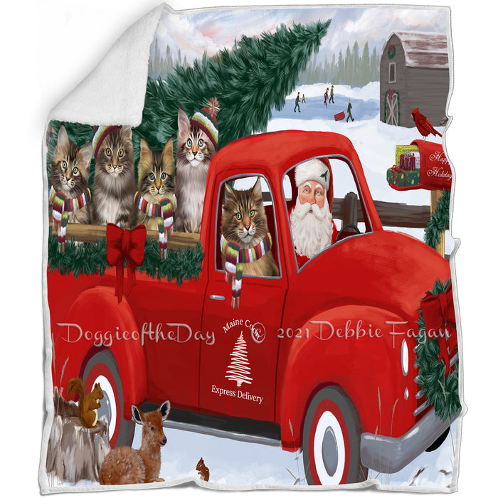 Christmas Santa Express Delivery Red Truck Maine Coon Cats Family Blanket BLNKT112800