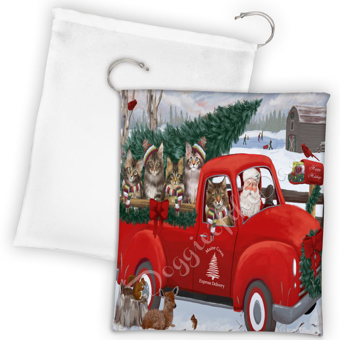 Christmas Santa Express Delivery Red Truck Maine Coon Cats Drawstring Laundry or Gift Bag LGB48321