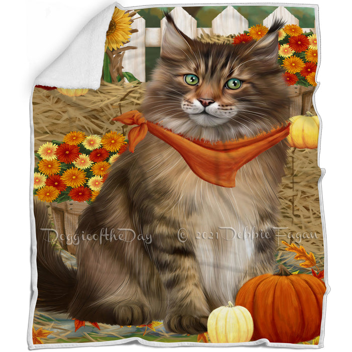 Fall Autumn Greeting Maine Coon Cat with Pumpkins Blanket BLNKT87330