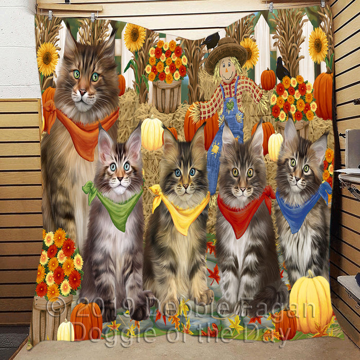 Fall Festive Harvest Time Gathering Maine Coon Cats Quilt