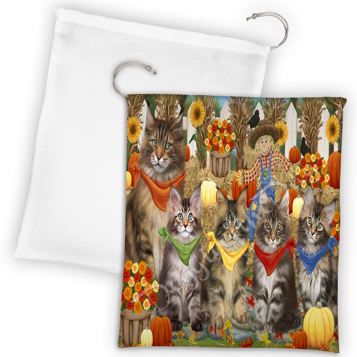 Fall Festive Harvest Time Gathering Maine Coon Cats Drawstring Laundry or Gift Bag LGB48418