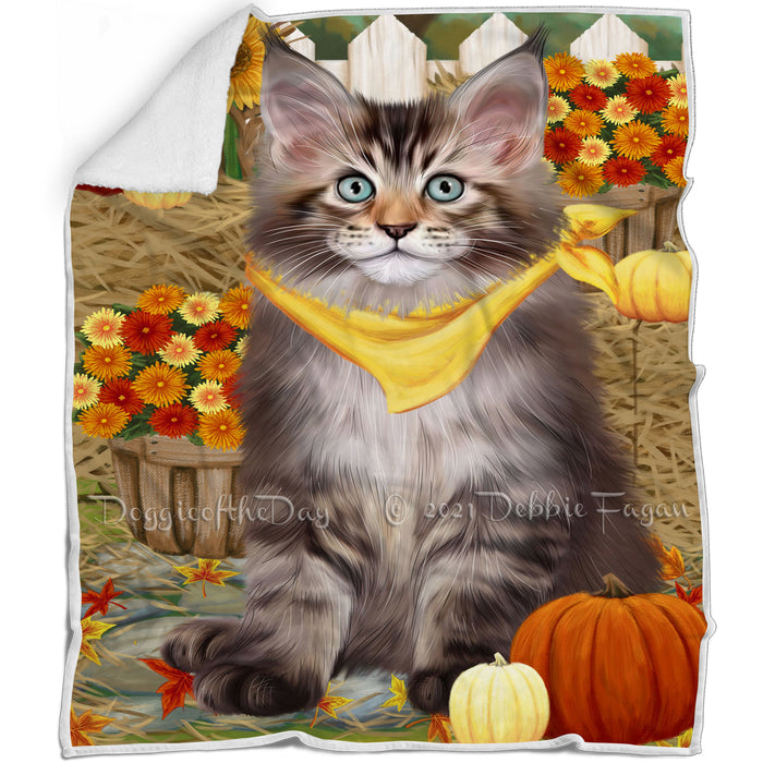 Fall Autumn Greeting Maine Coon Cat with Pumpkins Blanket BLNKT87339