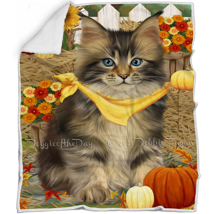 Fall Autumn Greeting Maine Coon Cat with Pumpkins Blanket BLNKT87357