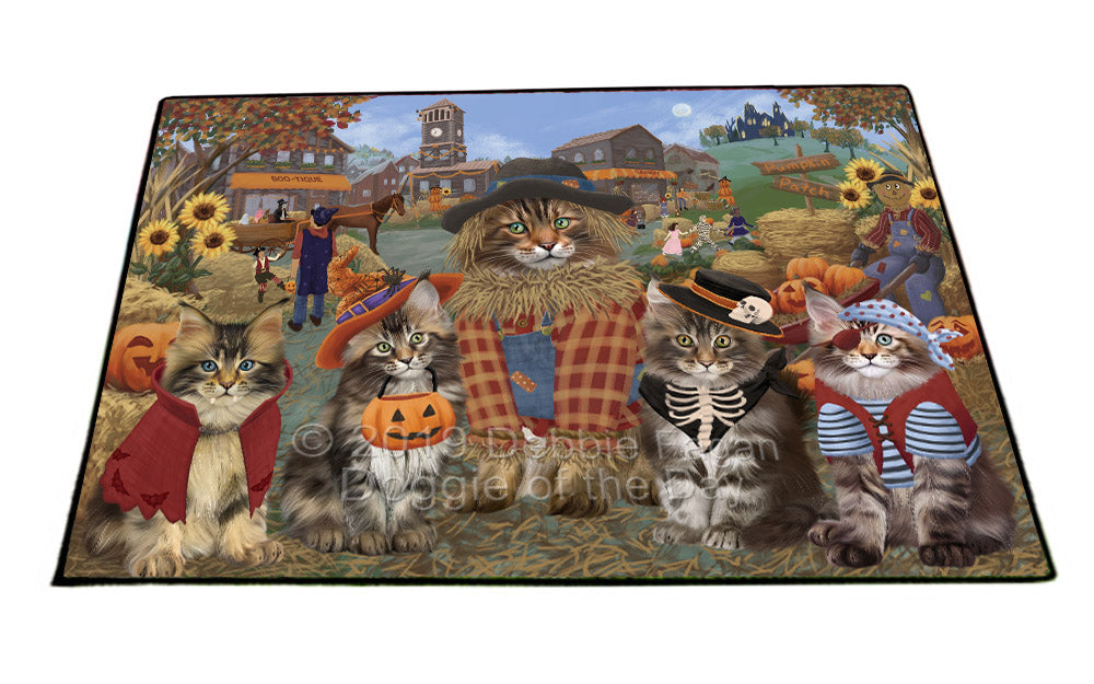 Halloween 'Round Town And Fall Pumpkin Scarecrow Both Maine Coon Cats Floormat FLMS53972