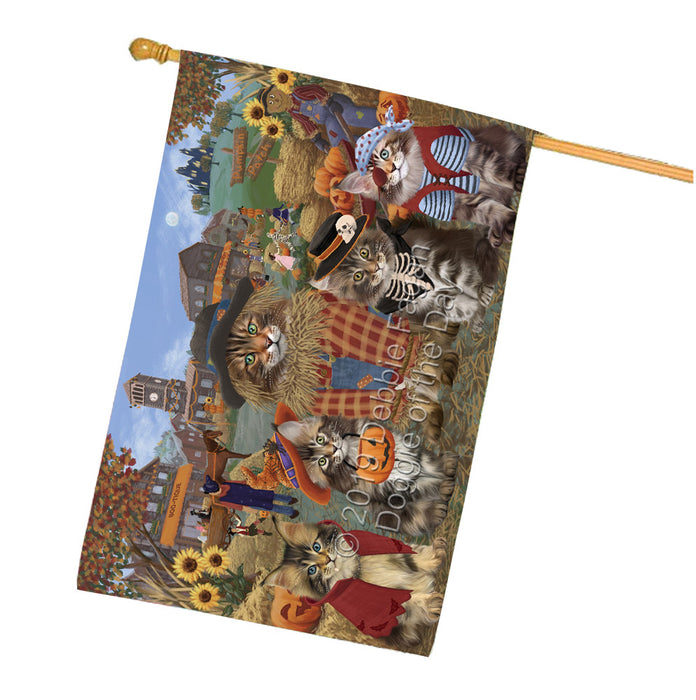 Halloween 'Round Town And Fall Pumpkin Scarecrow Both Maine Coon Cats House Flag FLG65665
