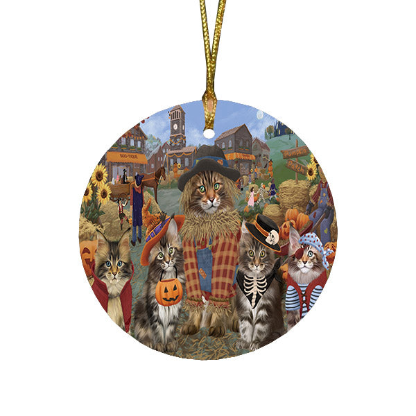Halloween 'Round Town And Fall Pumpkin Scarecrow Both Maine Coon Cats Round Flat Christmas Ornament RFPOR57413