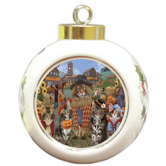 Halloween 'Round Town And Fall Pumpkin Scarecrow Both Maine Coon Cats Round Ball Christmas Ornament RBPOR57413