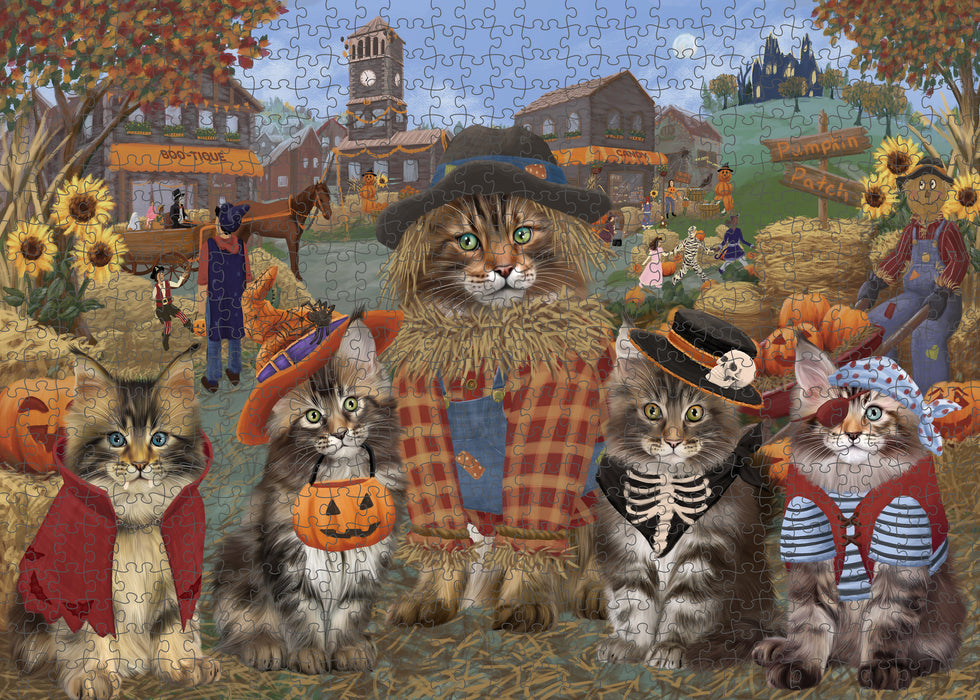 Halloween 'Round Town And Fall Pumpkin Scarecrow Both Maine Coon Cats Puzzle  PUZL96344