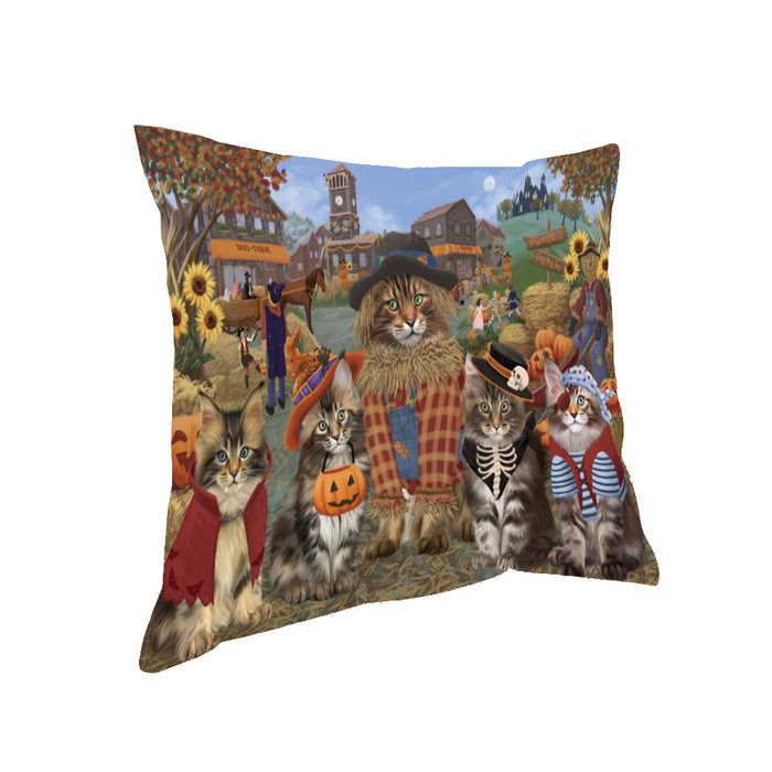 Halloween 'Round Town And Fall Pumpkin Scarecrow Both Maine Coon Cats Pillow PIL82436