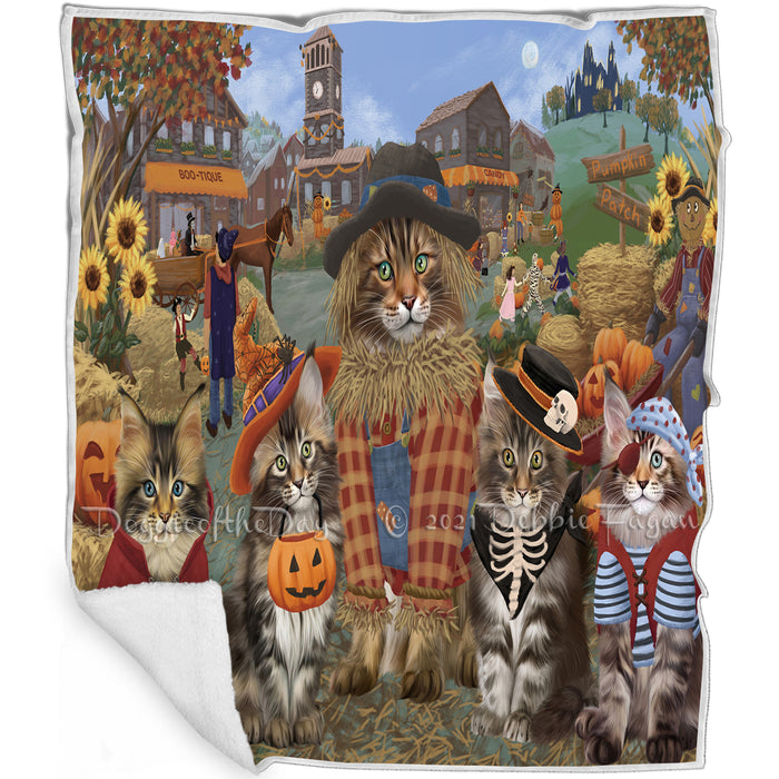 Halloween 'Round Town And Fall Pumpkin Scarecrow Both Maine Coon Cats Blanket BLNKT139043