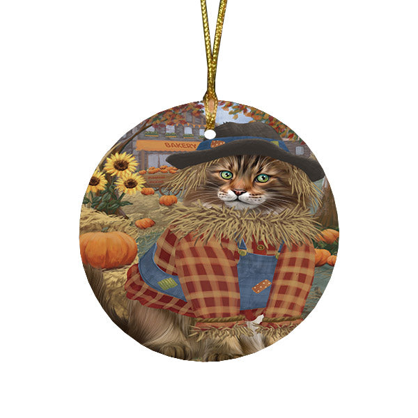 Halloween 'Round Town And Fall Pumpkin Scarecrow Both Maine Coon Cats Round Flat Christmas Ornament RFPOR57474