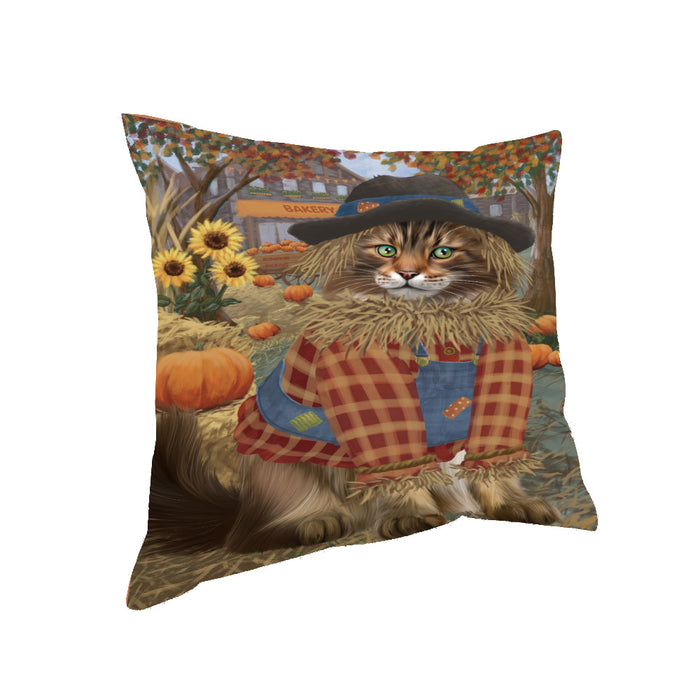 Halloween 'Round Town And Fall Pumpkin Scarecrow Both Maine Coon Cats Pillow PIL82680