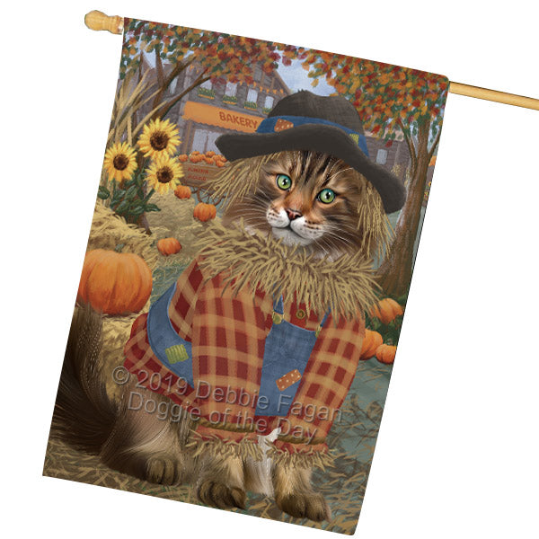 Halloween 'Round Town And Fall Pumpkin Scarecrow Both Maine Coon Cats House Flag FLG65726