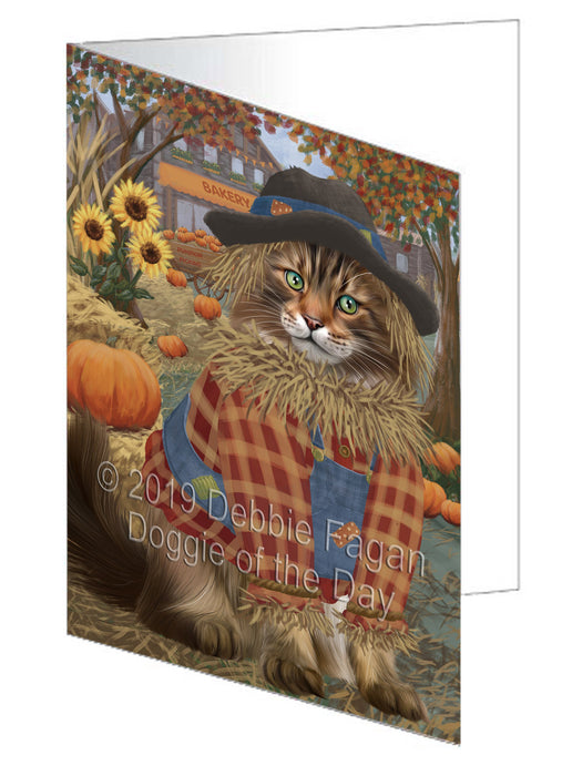 Fall Pumpkin Scarecrow Maine Coon Cat Handmade Artwork Assorted Pets Greeting Cards and Note Cards with Envelopes for All Occasions and Holiday Seasons GCD78056