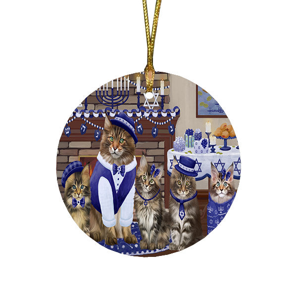 Happy Hanukkah Family and Happy Hanukkah Both Maine Coon Cats Round Flat Christmas Ornament RFPOR57535