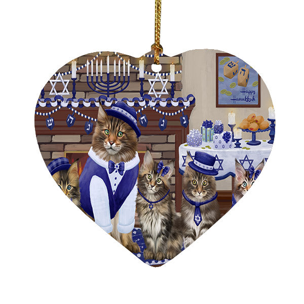 Happy Hanukkah Family Maine Coon Cats Heart Christmas Ornament HPOR57631