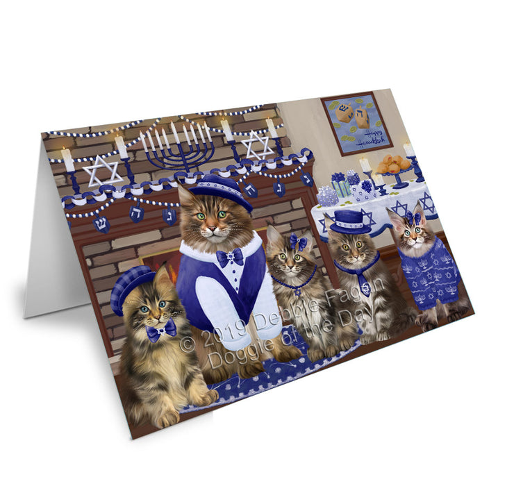 Happy Hanukkah Family Maine Coon Cats Handmade Artwork Assorted Pets Greeting Cards and Note Cards with Envelopes for All Occasions and Holiday Seasons GCD78239