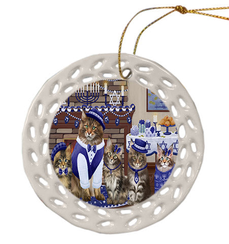 Happy Hanukkah Family Maine Coon Cats Ceramic Doily Ornament DPOR57631