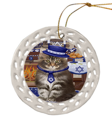 Happy Hanukkah Maine Coon Cat Ceramic Doily Ornament DPOR57687