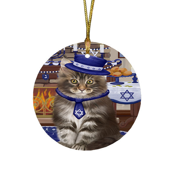 Happy Hanukkah Family and Happy Hanukkah Both Maine Coon Cat Round Flat Christmas Ornament RFPOR57591
