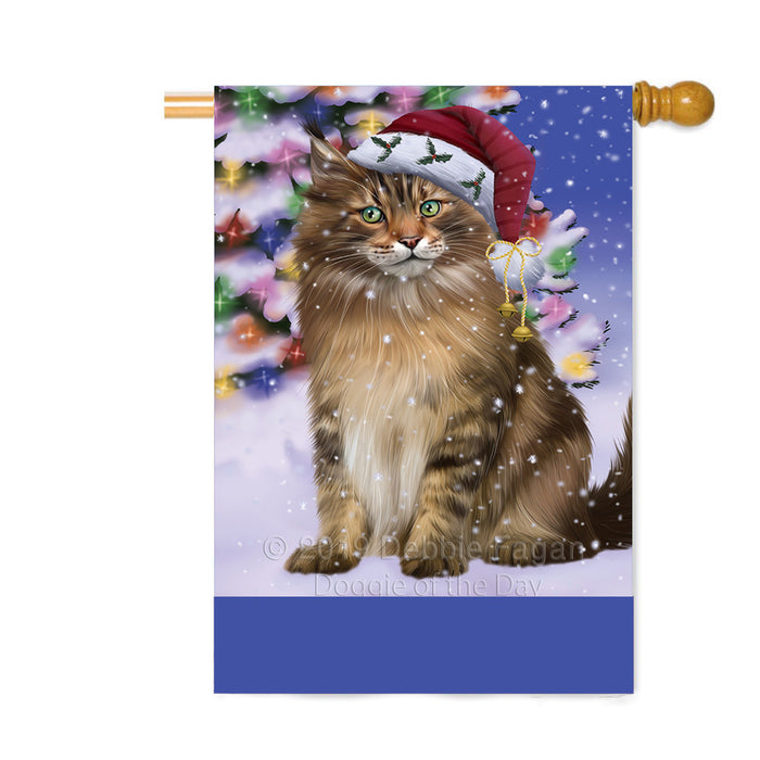 Personalized Winterland Wonderland Maine Coon Cat In Christmas Holiday Scenic Background Custom House Flag FLG-DOTD-A61394