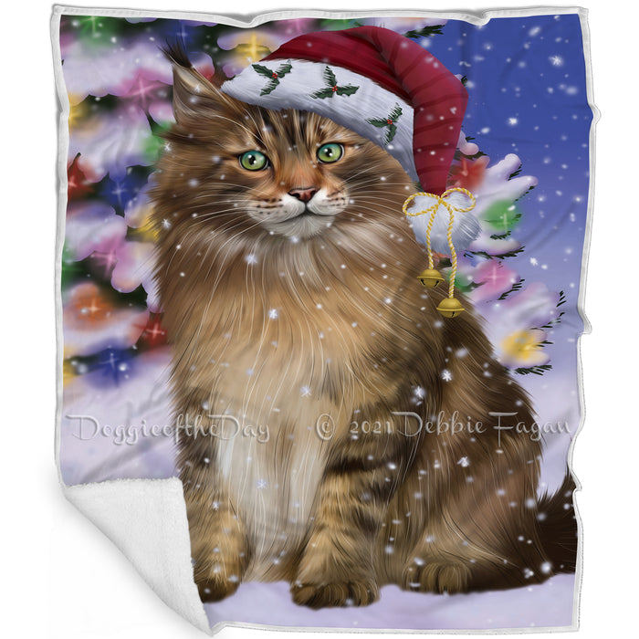 Winterland Wonderland Maine Coon Cat In Christmas Holiday Scenic Background Blanket BLNKT101235