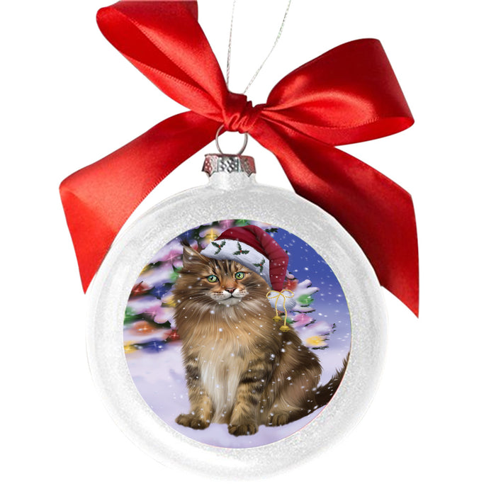 Winterland Wonderland Maine Coon Cat In Christmas Holiday Scenic Background White Round Ball Christmas Ornament WBSOR49600