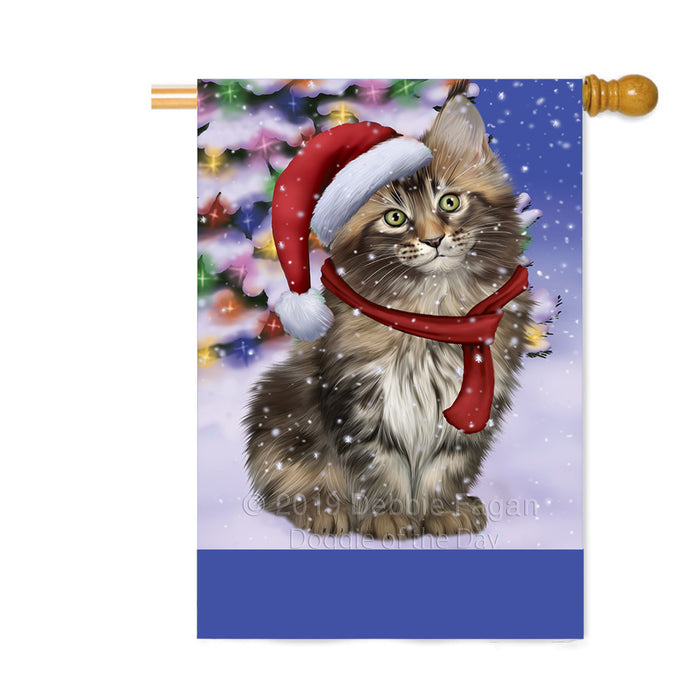 Personalized Winterland Wonderland Maine Coon Cat In Christmas Holiday Scenic Background Custom House Flag FLG-DOTD-A61397