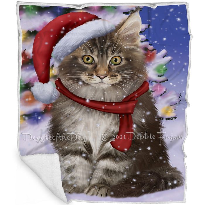 Winterland Wonderland Maine Coon Cat In Christmas Holiday Scenic Background Blanket BLNKT101244