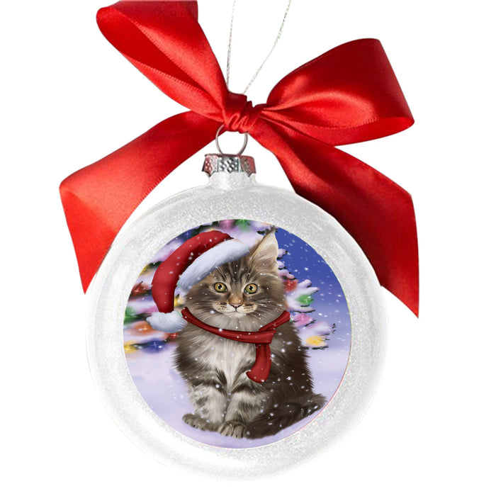 Winterland Wonderland Maine Coon Cat In Christmas Holiday Scenic Background White Round Ball Christmas Ornament WBSOR49601